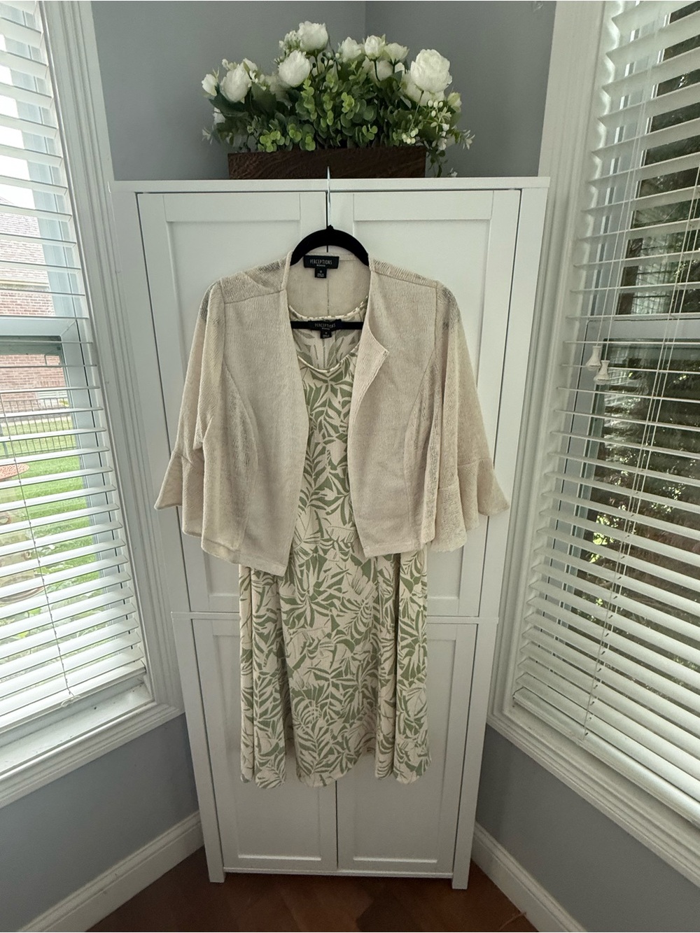 Perceptions Green Leaf Print A-Line Skirt with Cream Jacket